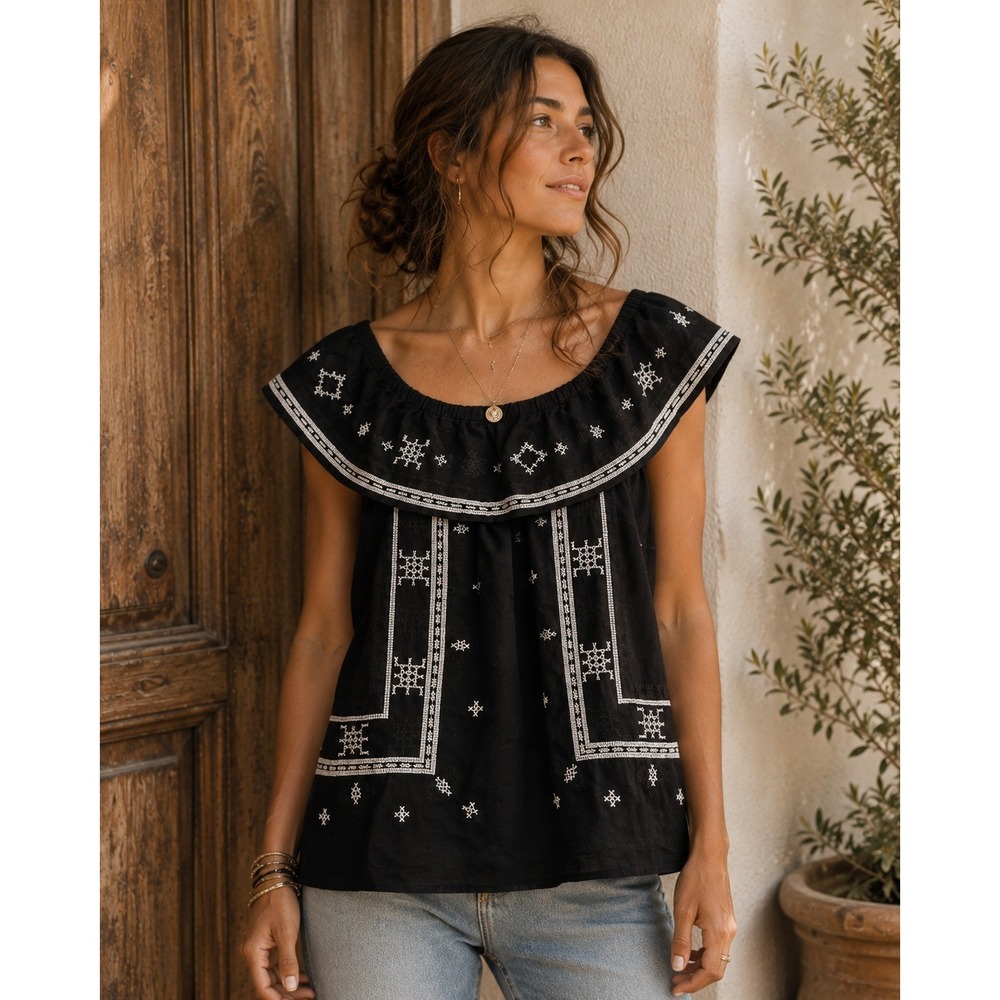 Central Park West Blouse Women S Black Embroidered Off Shoulder Ruffle Coastal